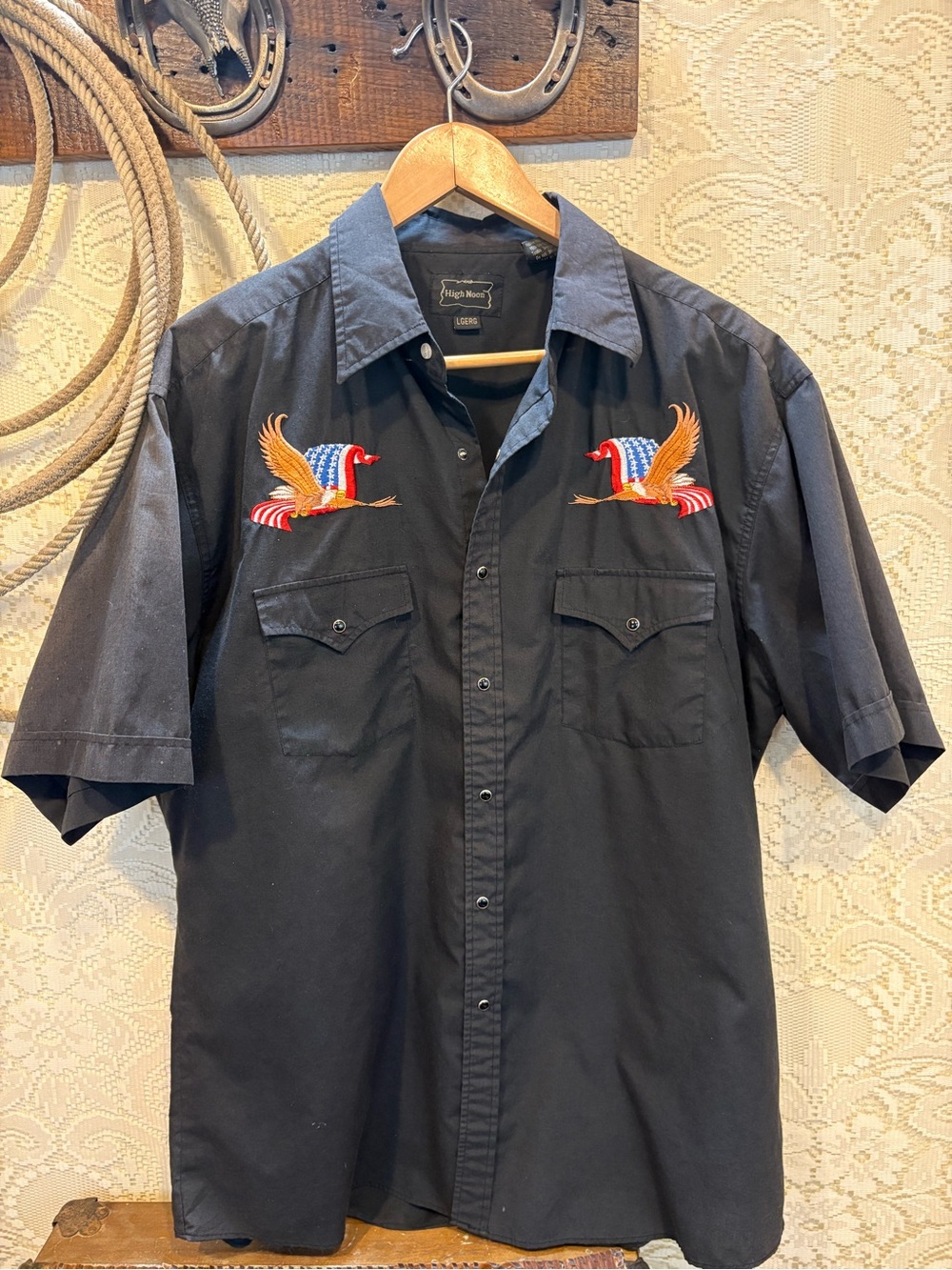 Vintage Black Short-Sleeve Button-Down Shirt with Eagle Embroidery